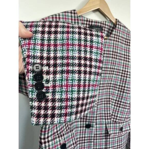Talbots Blazer Womens 14 Pink Green Blue Houndstooth Collarless Wool Pockets - Picture 5 of 12